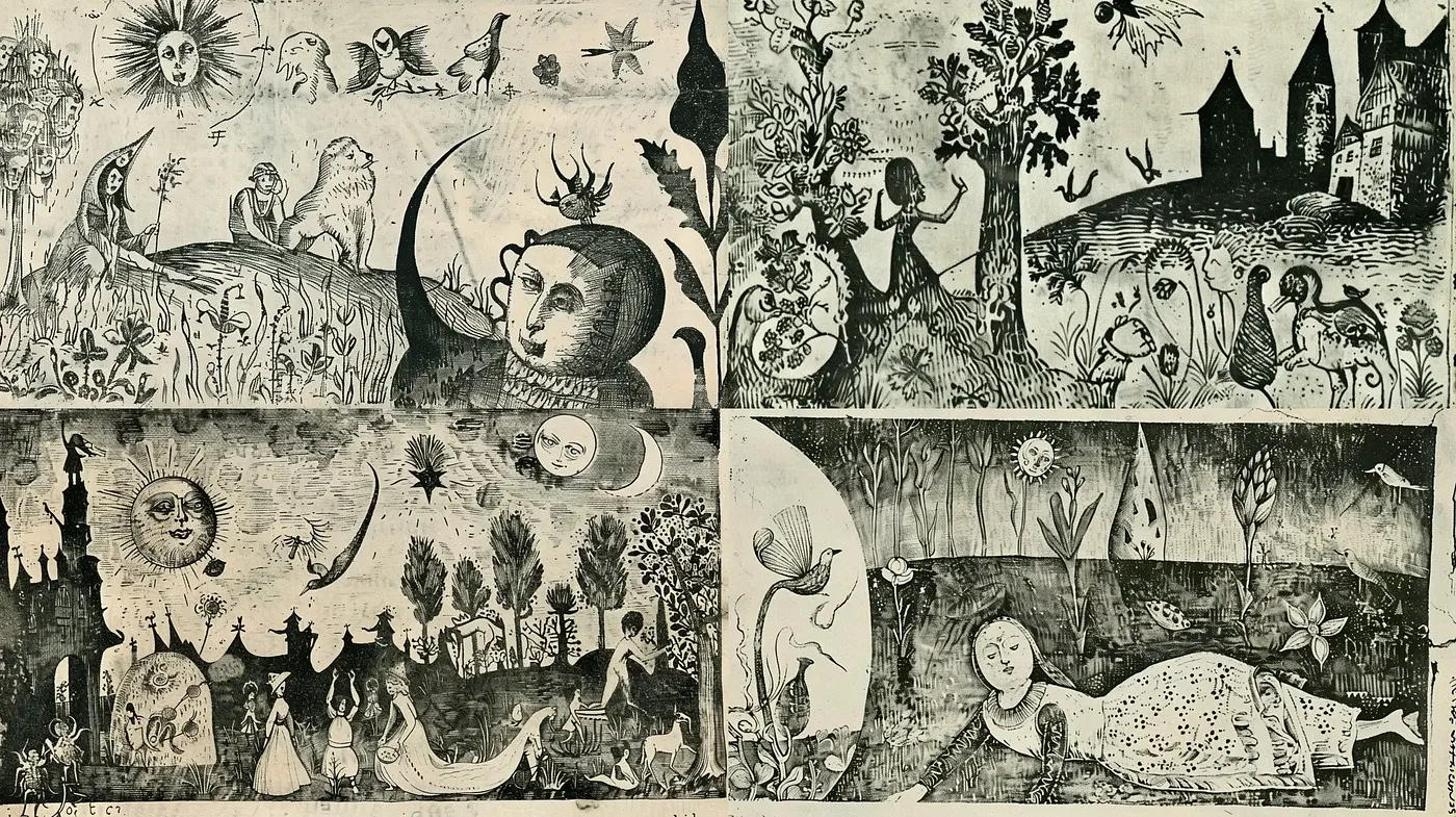 Whimsical Allegory in Monochrome Ink - Midjourney sref style