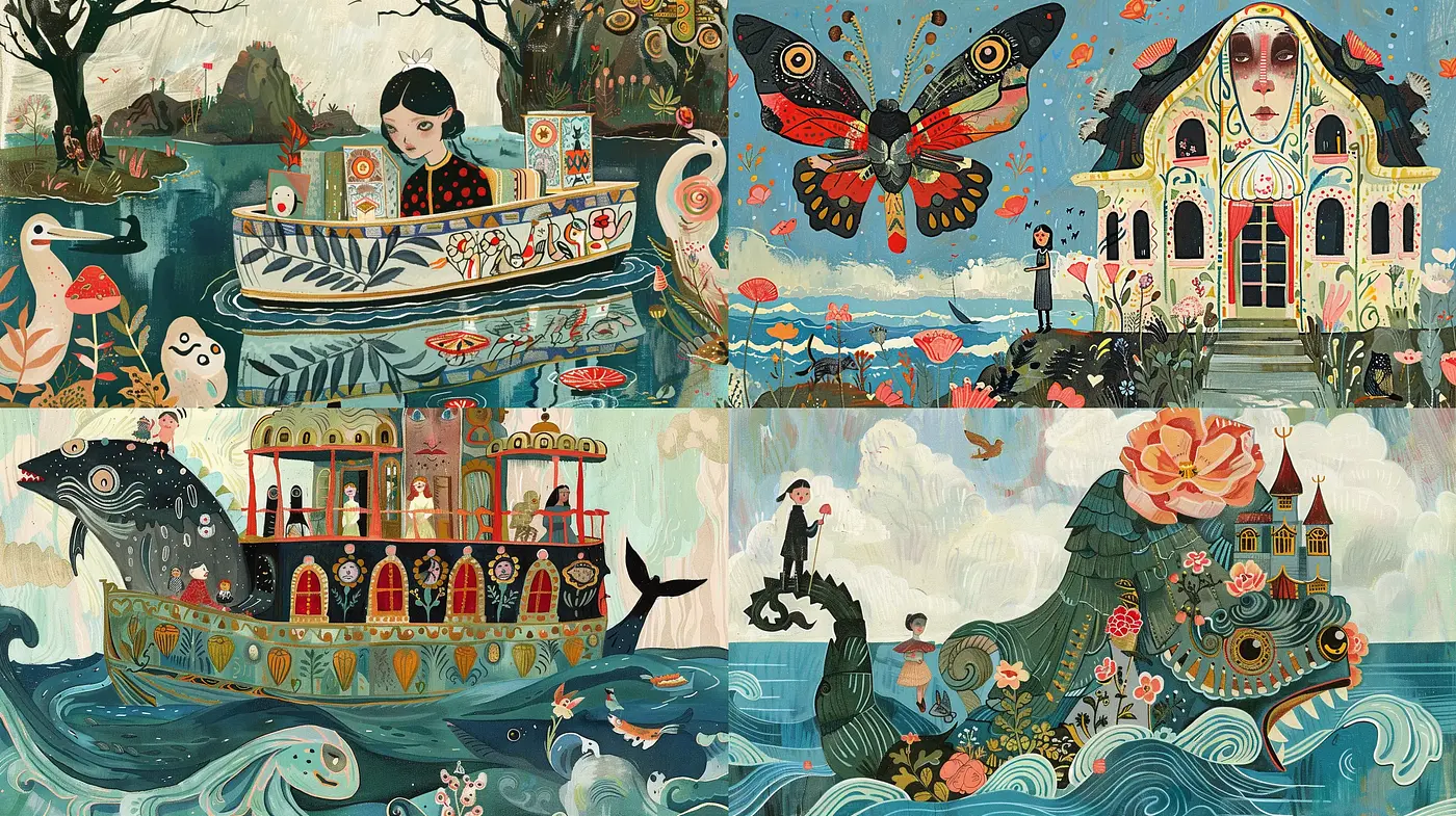 Enchanting Storybook Illustration with Whimsical Creatures and Vivid Dreamscapes - Midjourney sref style