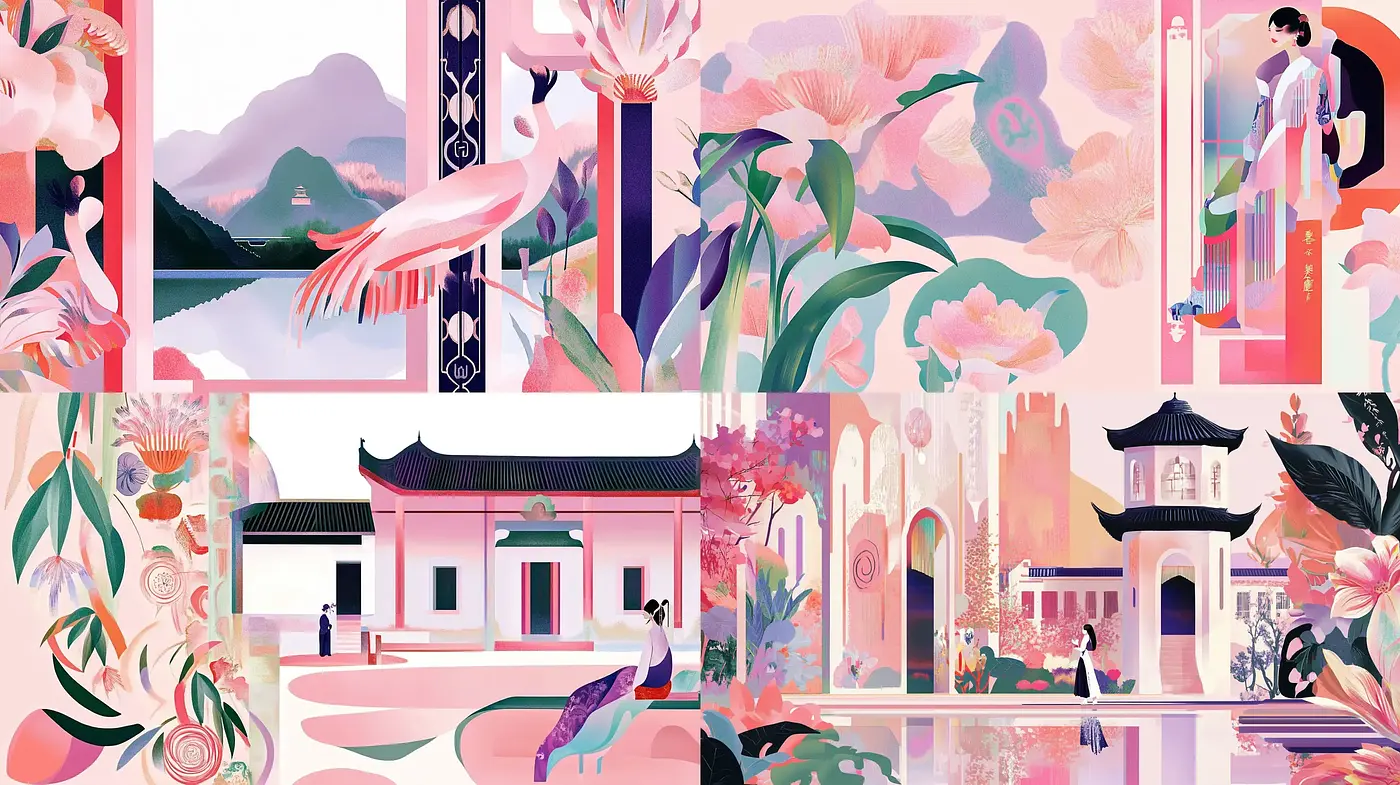 Ethereal Oriental Dreamscape with Pastel Flourishes - Midjourney sref style