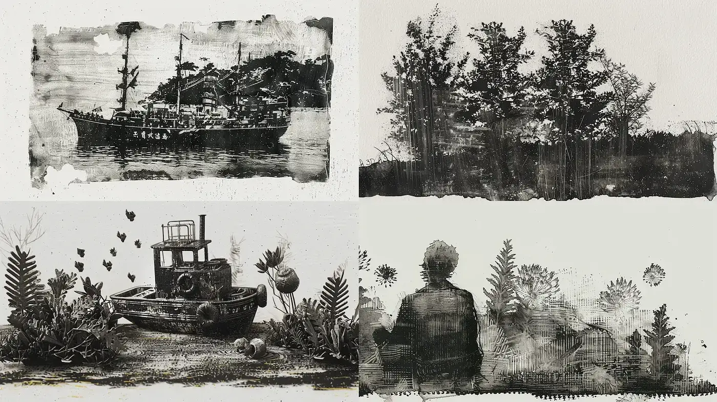 Moody and Expressive Monochromatic Ink Illustrations with Nature Elements - Midjourney sref style