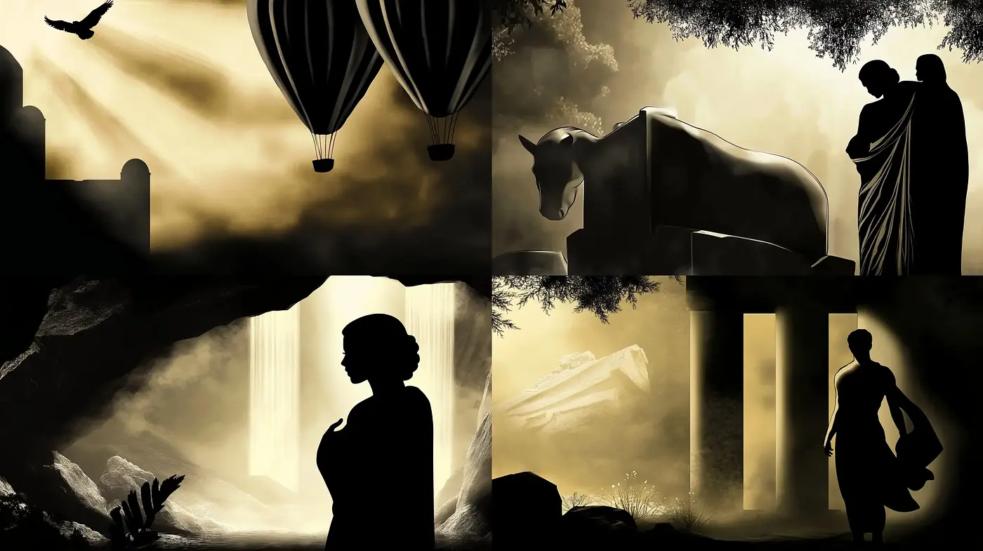 Silhouetted Narratives in Sepia Tones - Midjourney sref style