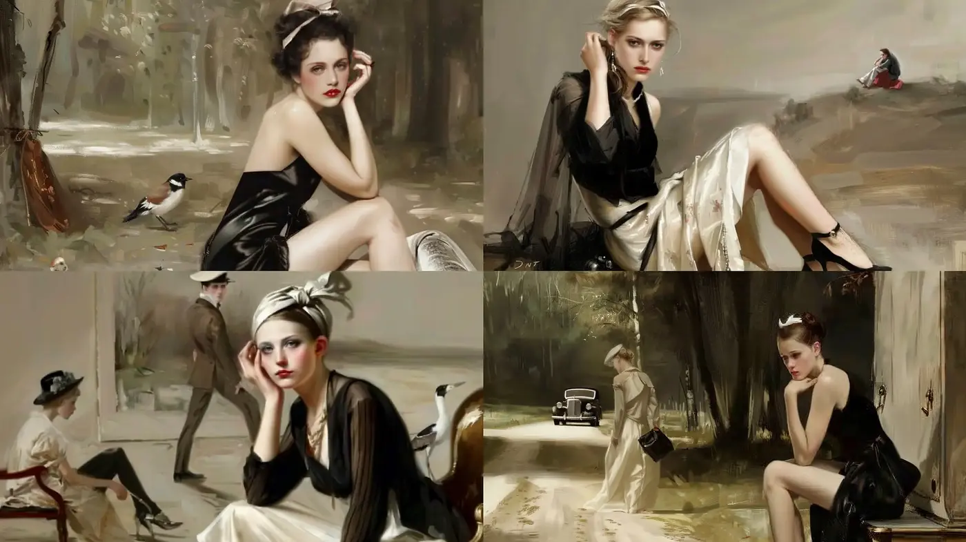 Refined Elegance in Melancholic Hues: A Consistent Vision of Modern Romanticism - Midjourney sref style