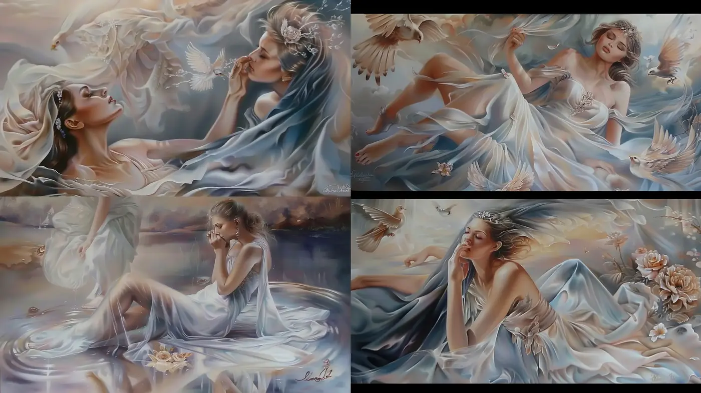 Ethereal Serenity in Soft Pastels and Fluid Drapery - Midjourney sref style