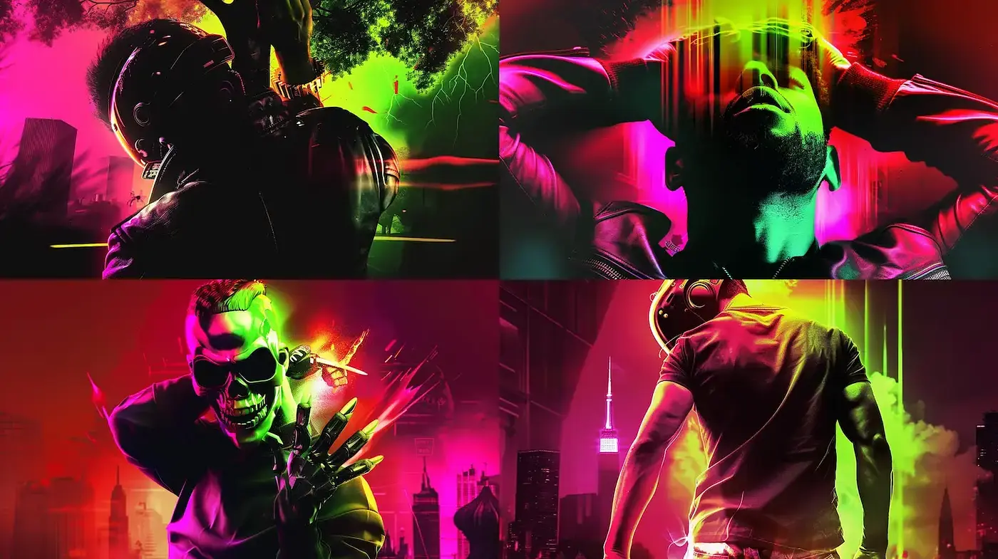 Neon Dystopia: A Cyberpunk Meld of Vivid Contrasts and Futuristic Undertones - Midjourney sref style