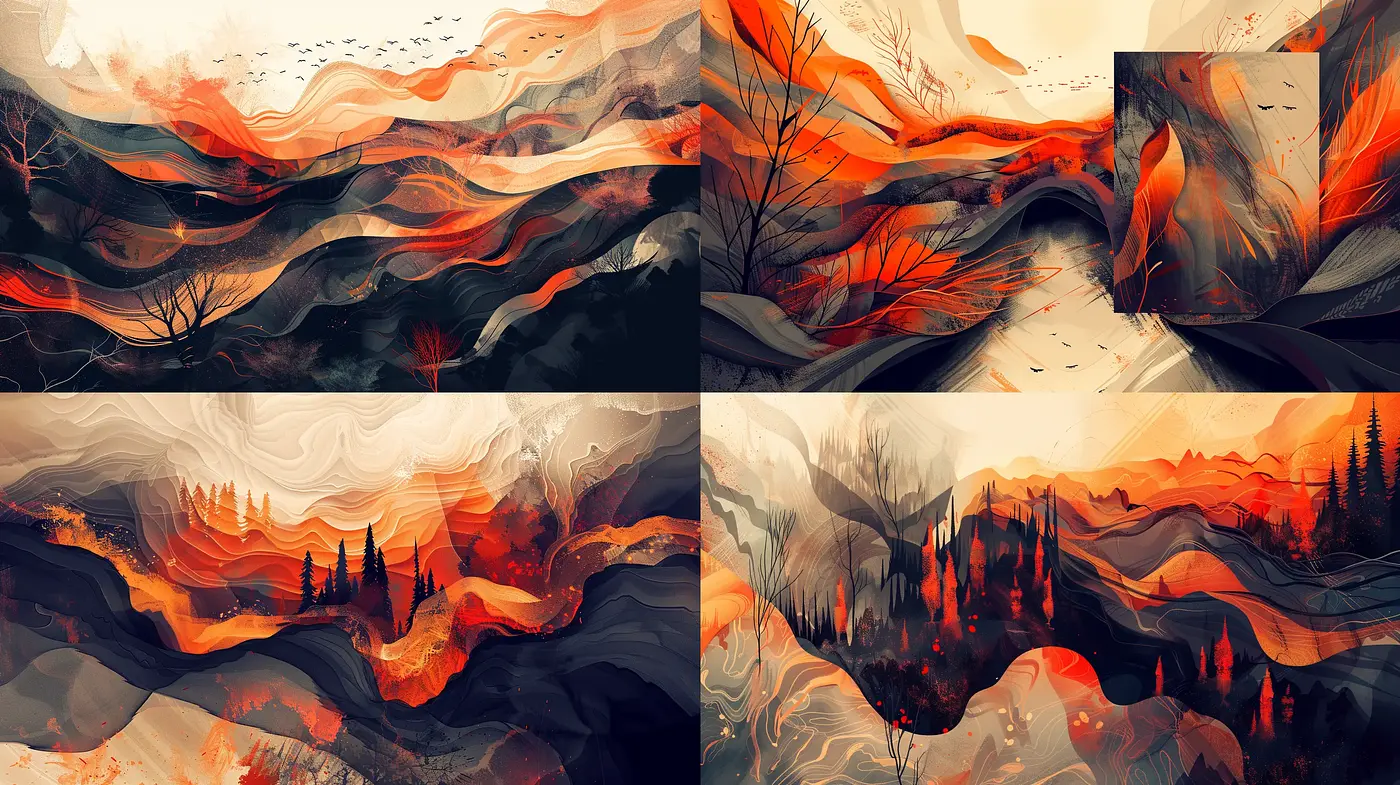Ethereal Hues of Autumn: A Consistent Tapestry of Warmth and Flowing Landscapes - Midjourney sref style