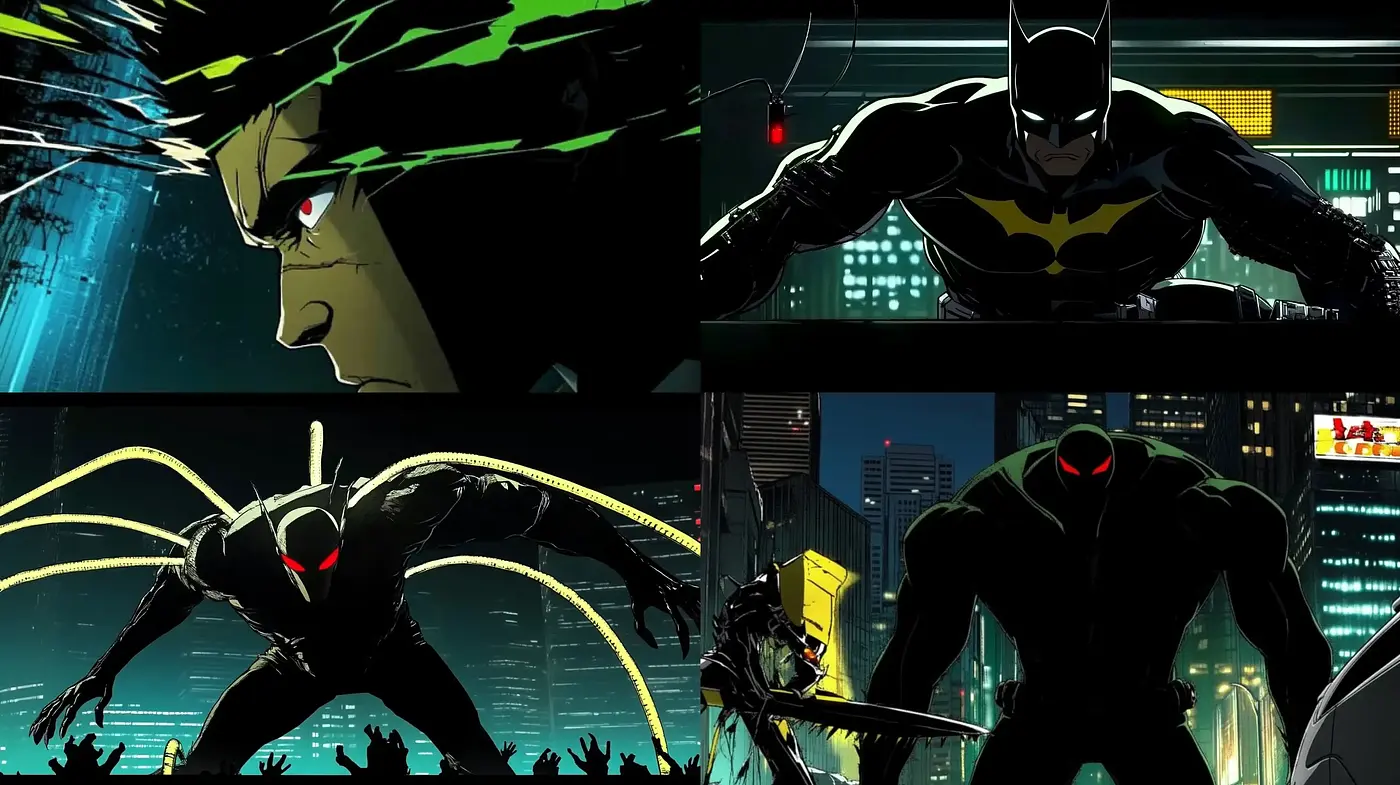 Nocturnal Dynamism: Neo-Gothic Silhouettes and Vibrant Contrasts in a Cityscape - Midjourney sref style