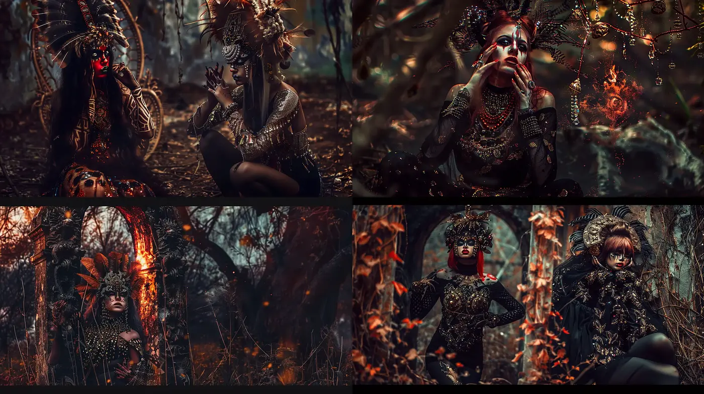Enigmatic Forest Whispers: A Fusion of Tribal and Baroque Elegance - Midjourney sref style
