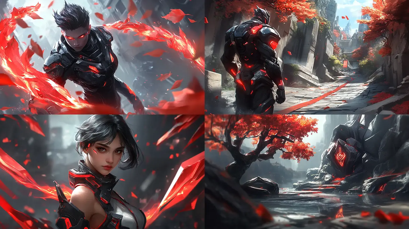 Crimson Echoes in Dynamic Fantasy Illustrations - Midjourney sref style