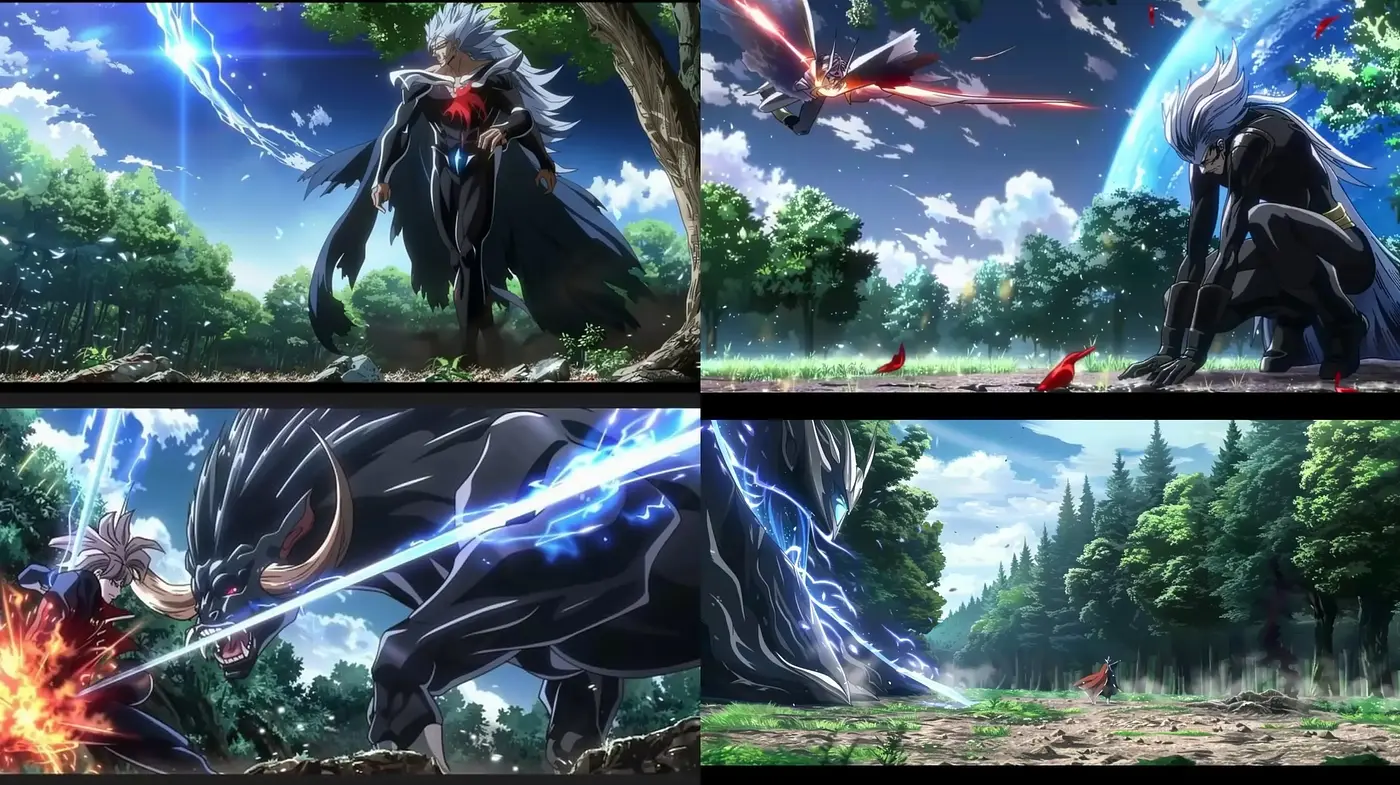 Electrified Epic Fantasy: Dynamic Anime Battles Amidst Lush Nature - Midjourney sref style