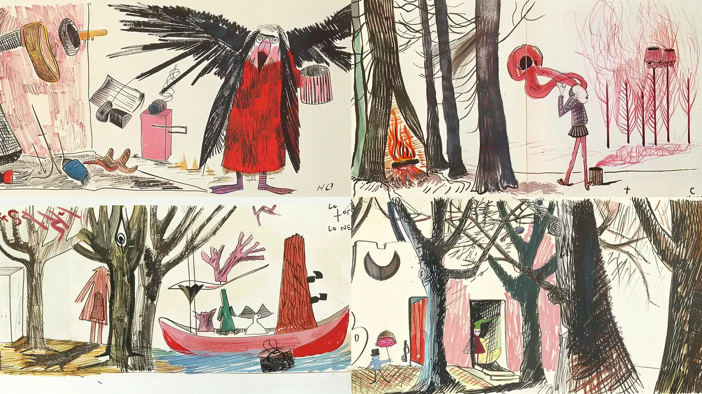 Eccentrically Sketched Storybook Narratives - Midjourney sref style