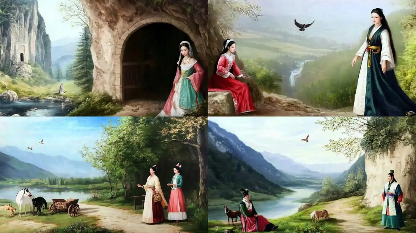 Idyllic Pastoral Serenity: A Harmonious Blend of Traditional Landscape and Period Costumery - Midjourney sref style