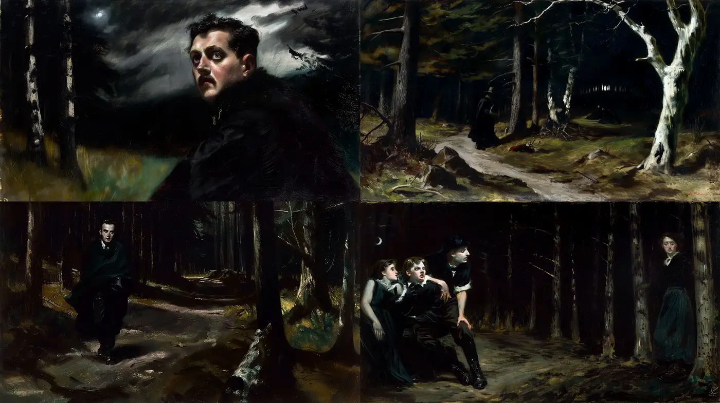 Mystical Nocturnal Woods in Oils: A Consistent Journey Through Moonlit Darkness - Midjourney sref style