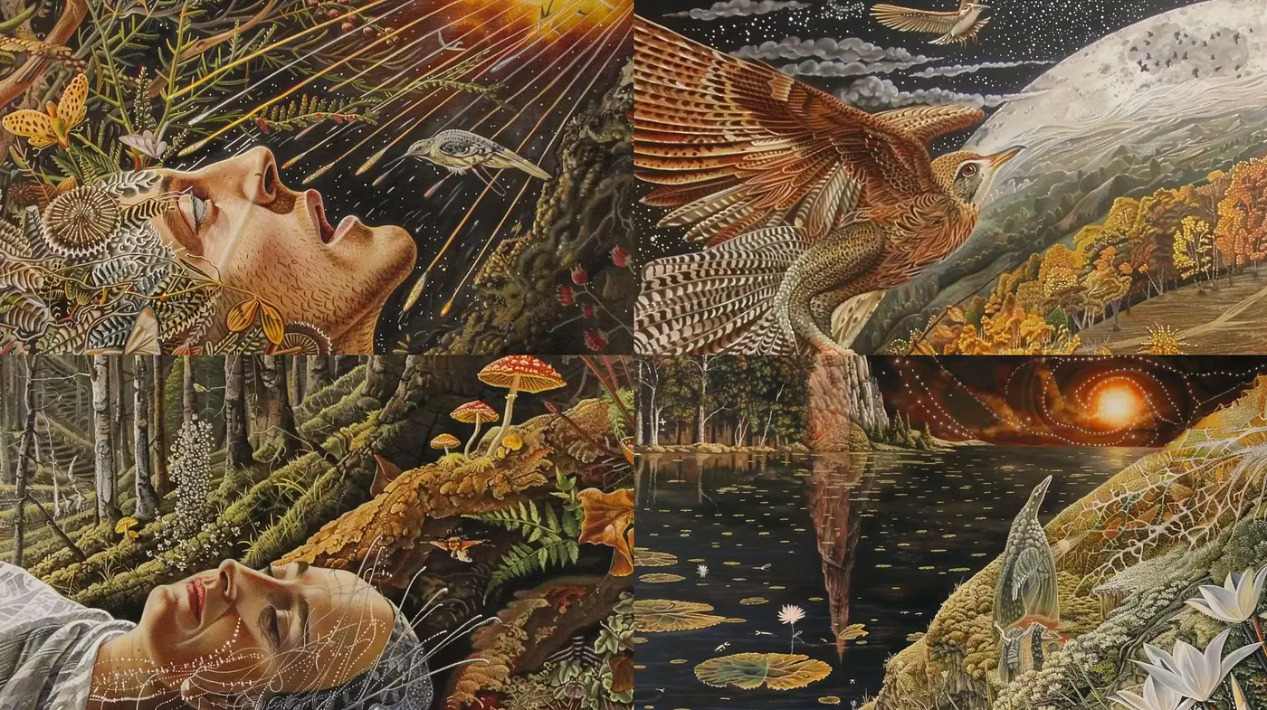 Surrealistic Dreamscape with Rich Earthy Tones and Intricate Details - Midjourney sref style