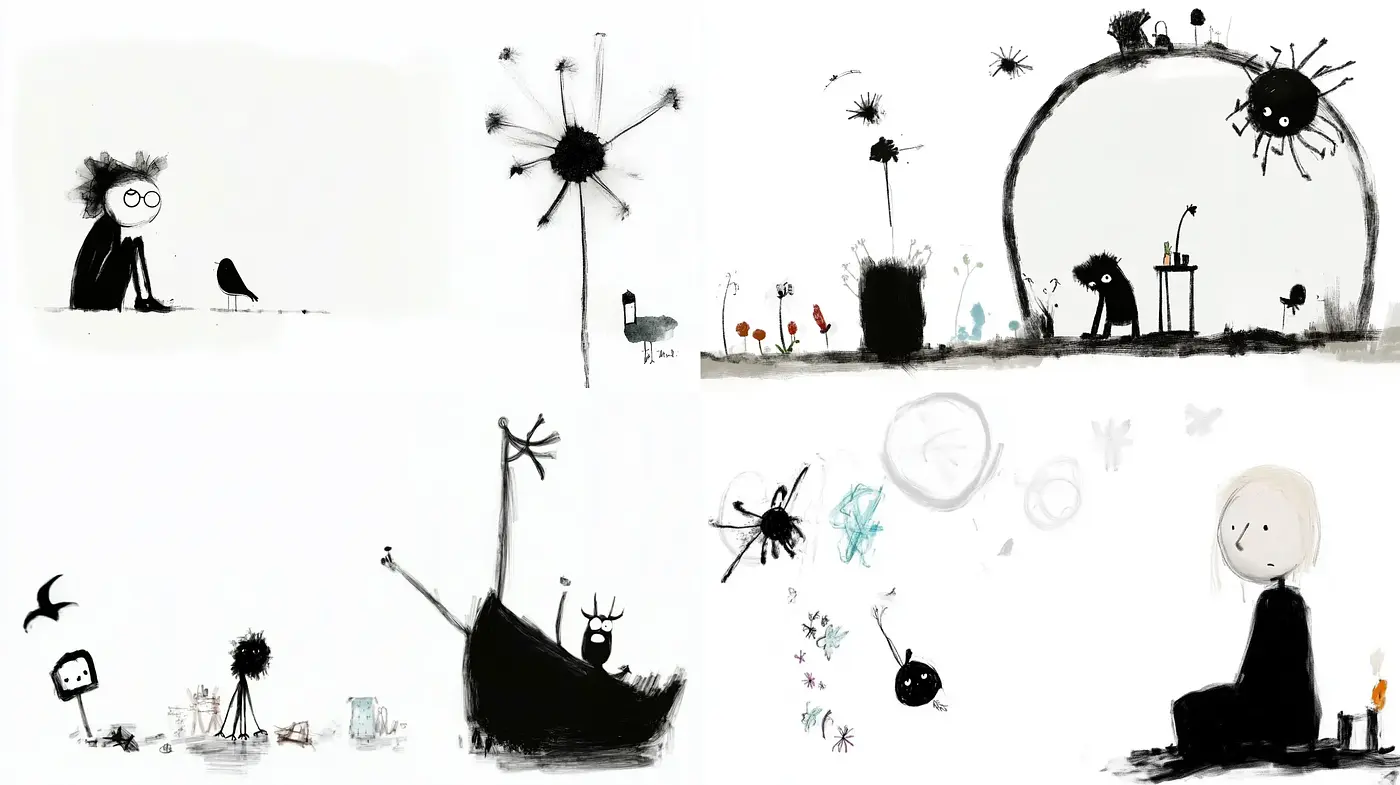 Whimsical Inkblot Chronicles: A Monochrome Dance of Shapes and Spontaneity - Midjourney sref style