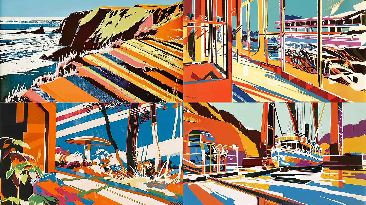 Geometric Vivacity in Modernist Travel Posters - Midjourney sref style