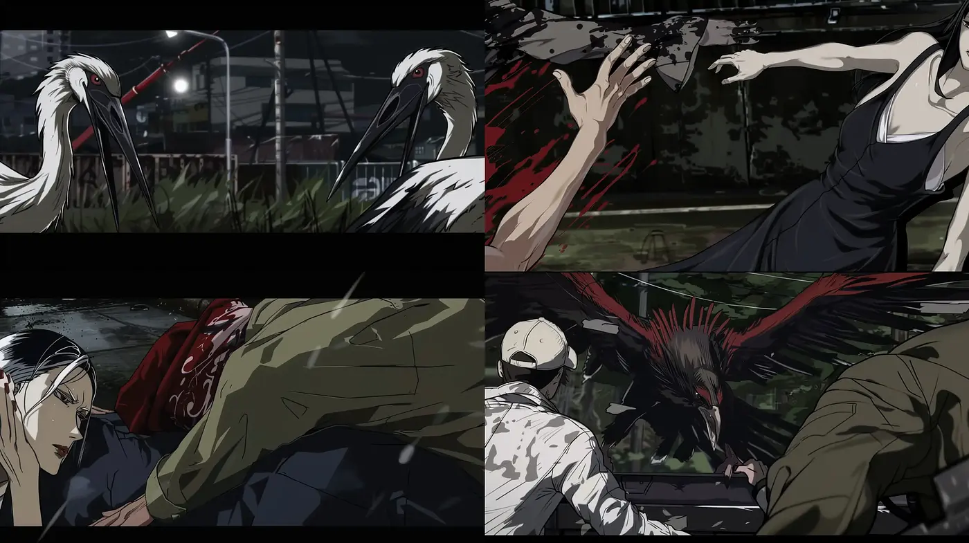 Nocturnal Anime Ambiance with Dynamic Contrasts and Gritty Textures - Midjourney sref style