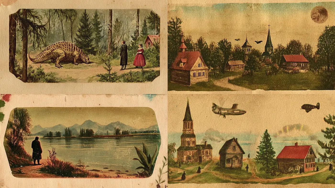 Timeless Nostalgic Panorama: A Journey Through Vintage Storybook Vistas - Midjourney sref style