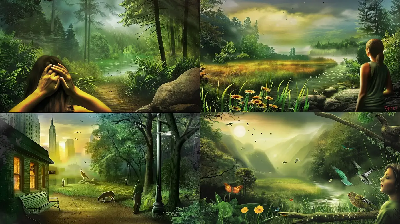 Ethereal Nature Merged with Urban Sprawl in Lush Green Tones - Midjourney sref style
