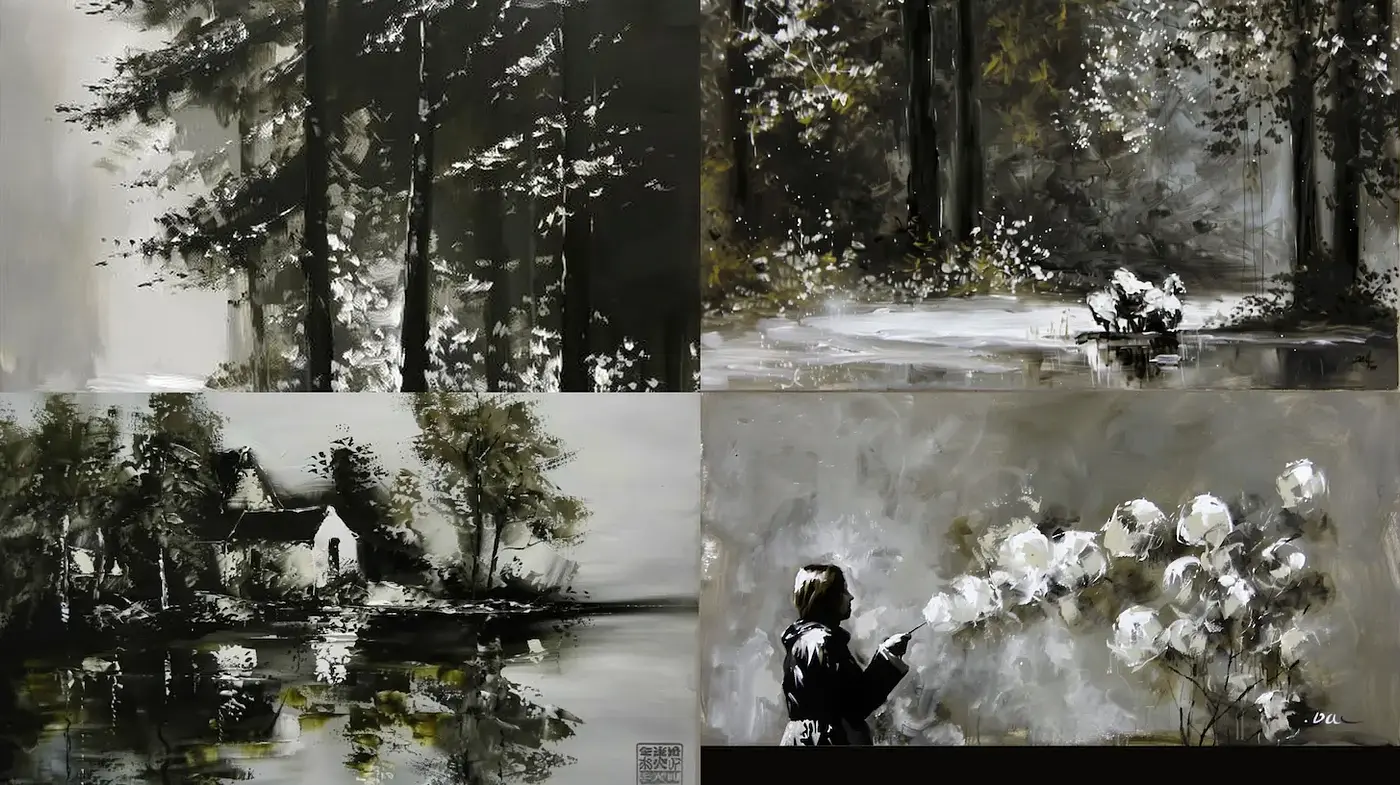 Monochromatic Landscapes with Nature and Human Interaction - Midjourney sref style