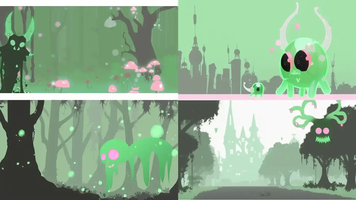 Whimsical yet eerie green fantasy landscape with playful creatures - Midjourney sref style