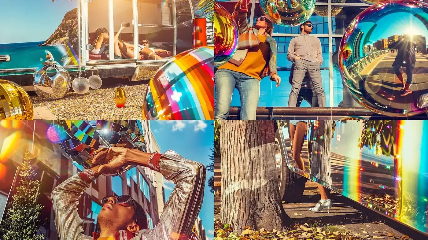 Vibrant and reflective scenes blending modernity with playful aesthetics - Midjourney sref style