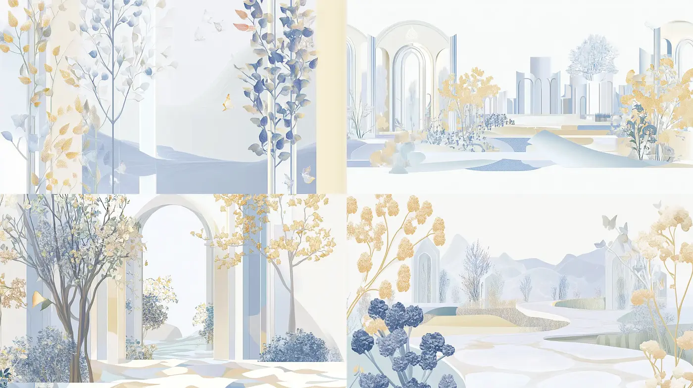 Serene Pastel Elegance: A Whimsical Interpretation of Nature and Architecture - Midjourney sref style