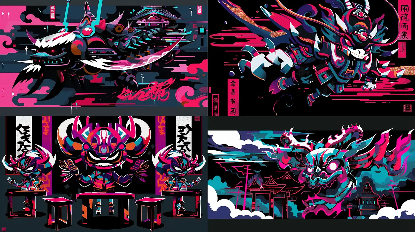 Vibrant Cyber-Oni Fusion with Neo-Tokyo Aesthetics - Midjourney sref style