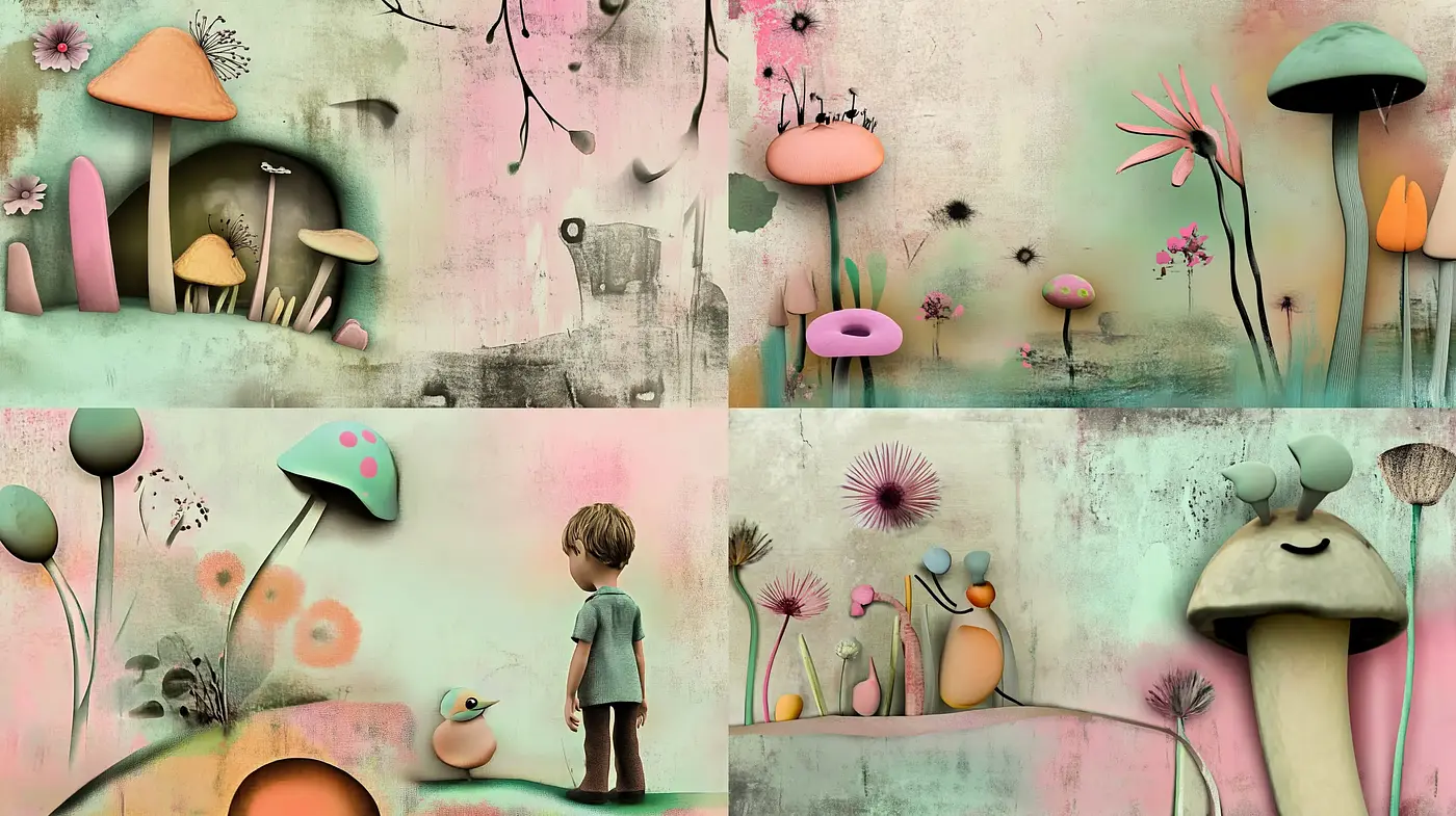 Whimsical Pastel Dreamscape with Textured Overtones - Midjourney sref style