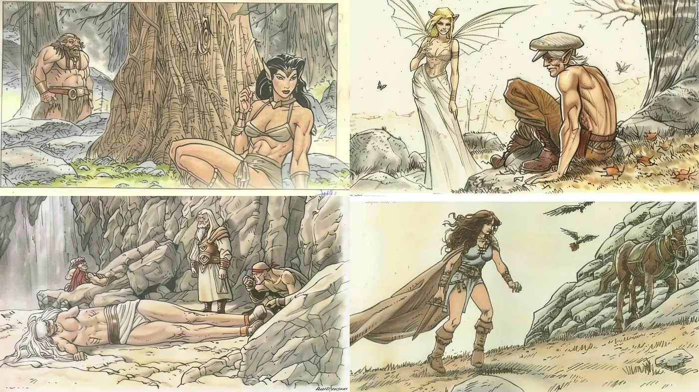 Fantasy Comic Elegance: A Homage to Classic Illustrated Wanderlust - Midjourney sref style