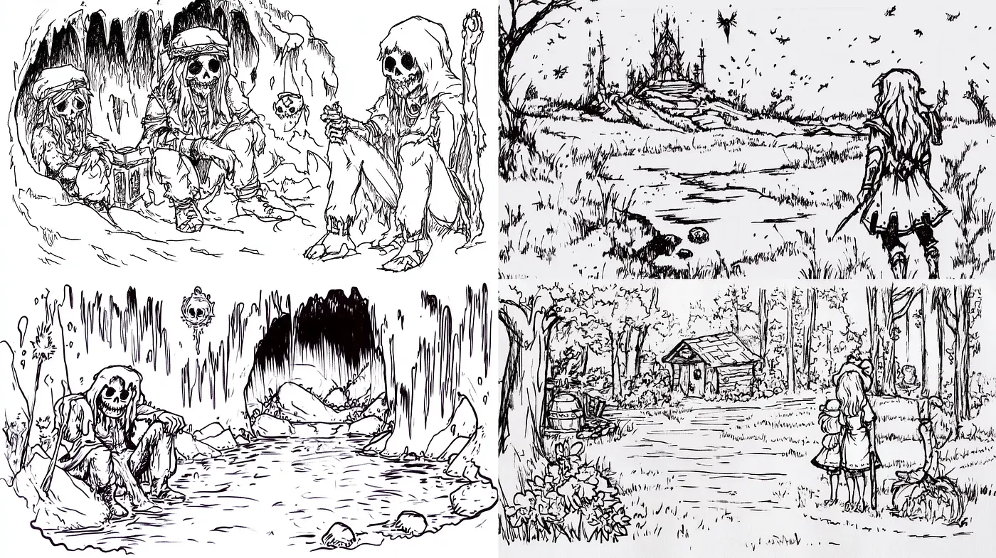 Ink Sketch Fantasia: A Journey Through Monochrome Storybook Landscapes - Midjourney sref style