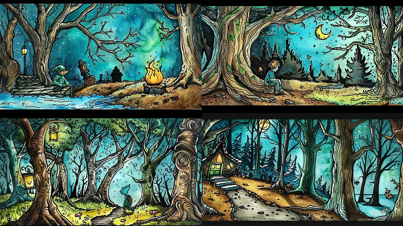 Enchanted Forests at Twilight: A Whimsical Ink and Watercolor Fusion - Midjourney sref style