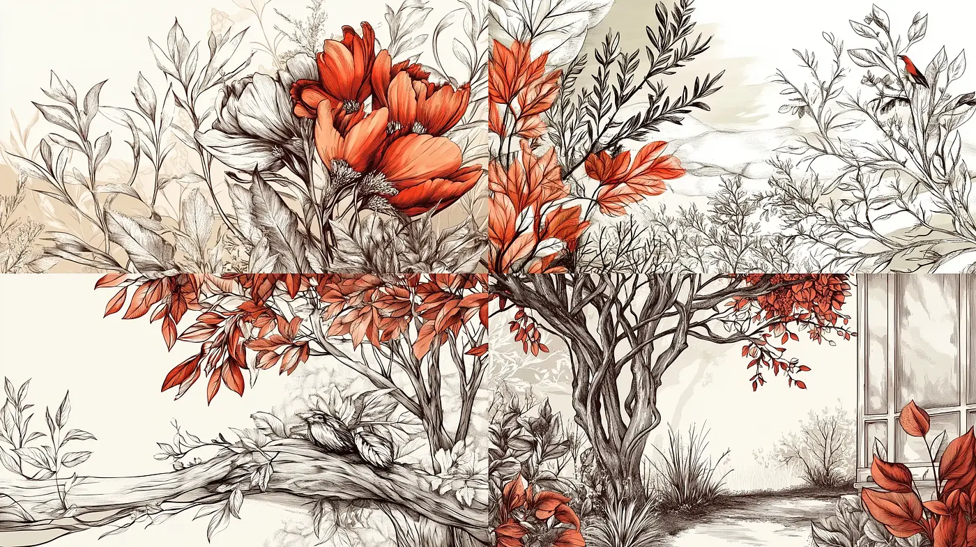 Sepia-Toned Botanical Elegance with Pen-and-Ink Textures - Midjourney sref style