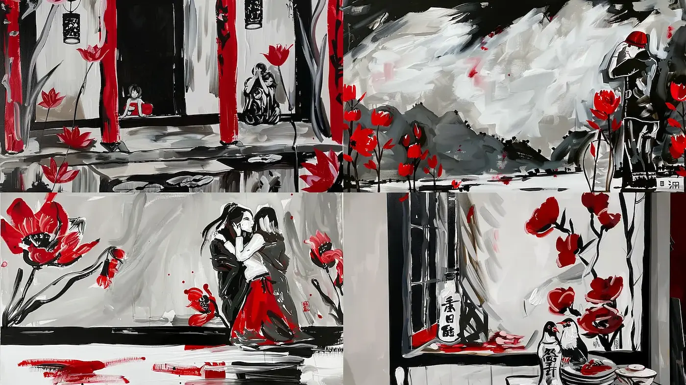 Elegant Asian-inspired Art with Red and Black Accents - Midjourney sref style
