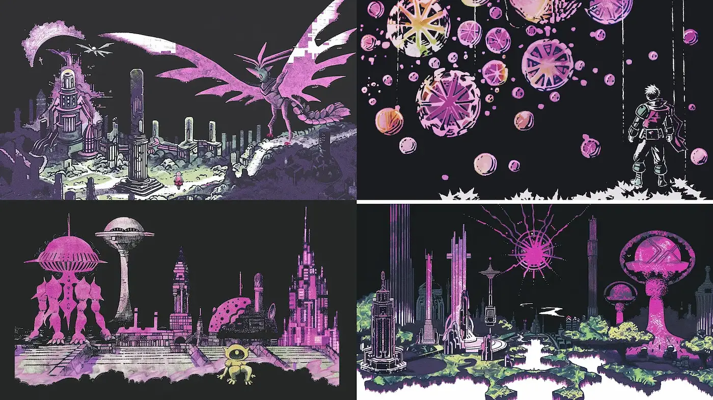 Futuristic and surreal landscapes with a vibrant graphic style - Midjourney sref style