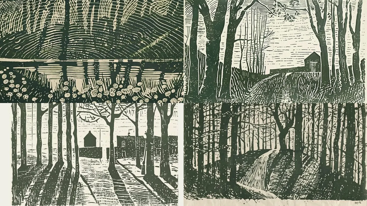 Earthen Hues of Serenity: A Study in Linocut Textures and Nature's Harmony - Midjourney sref style