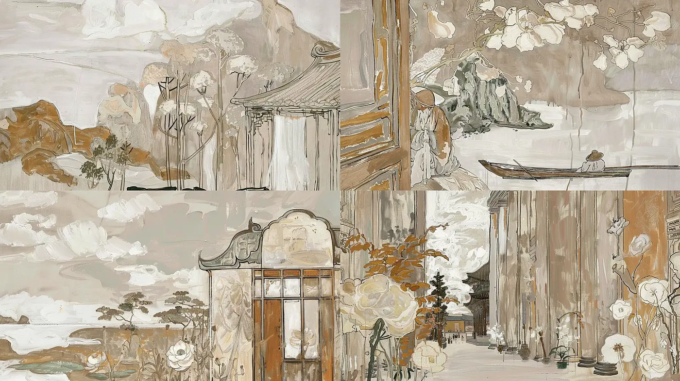 Ethereal East Asian Ink Wash Fusion with Sepia Overtone - Midjourney sref style