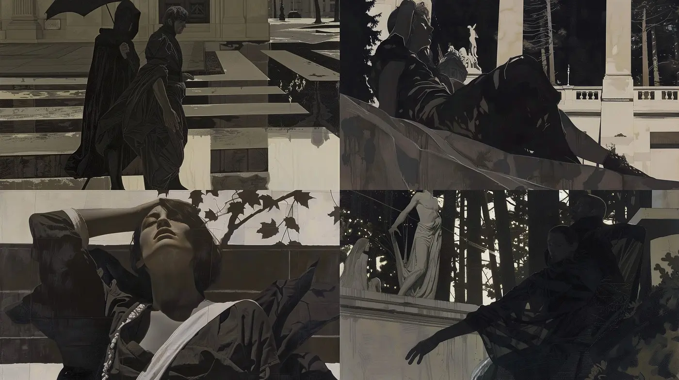 Monochromatic Elegance: Shadows and Silhouettes in a Timeless Dance - Midjourney sref style