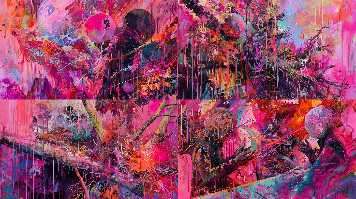 Vibrant Psychedelic Fusion with Abstract Expressionist Undertones - Midjourney sref style