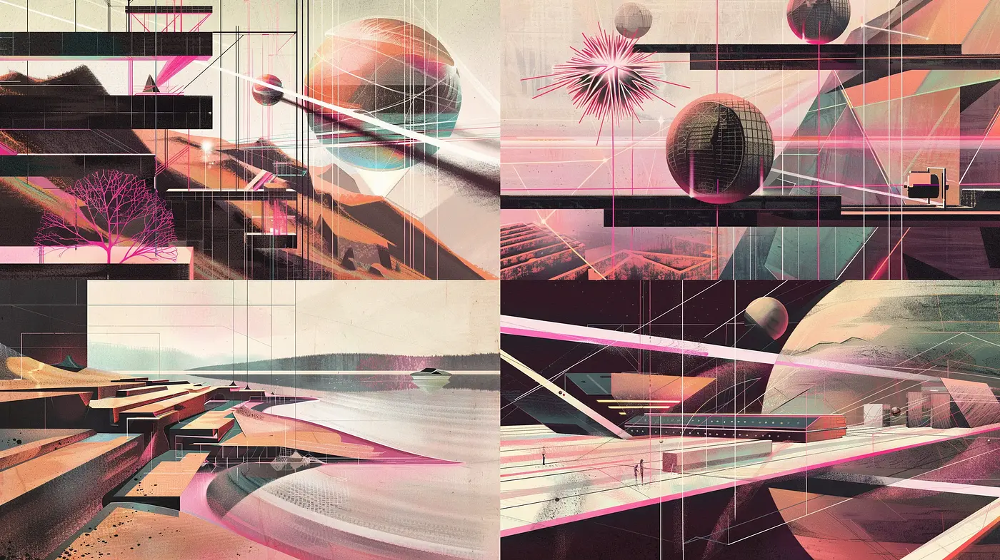 Futuristic Geometric Dreamscapes with a Retro Palette - Midjourney sref style