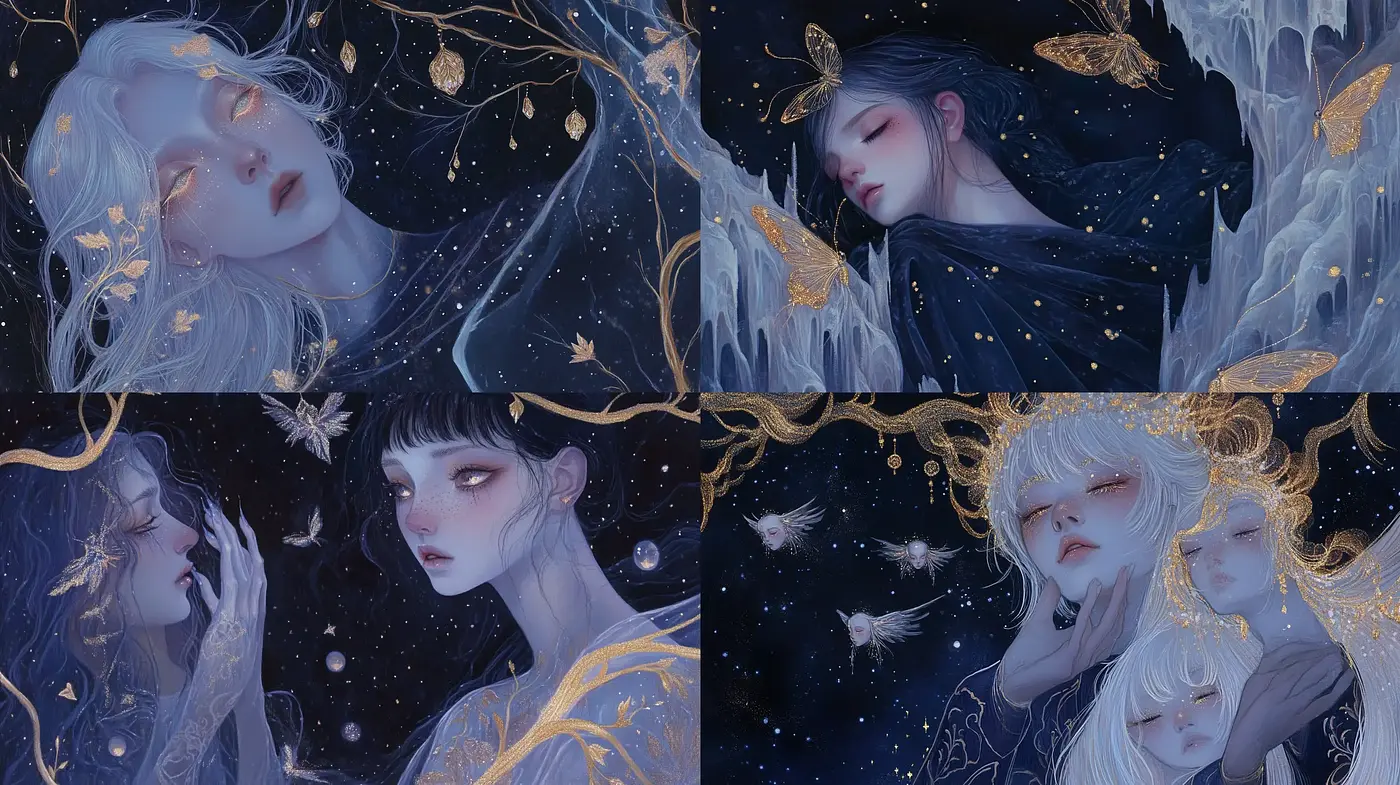 Celestial Elegance: An Ethereal Journey Through Starlit Whispers and Golden Slumbers - Midjourney sref style