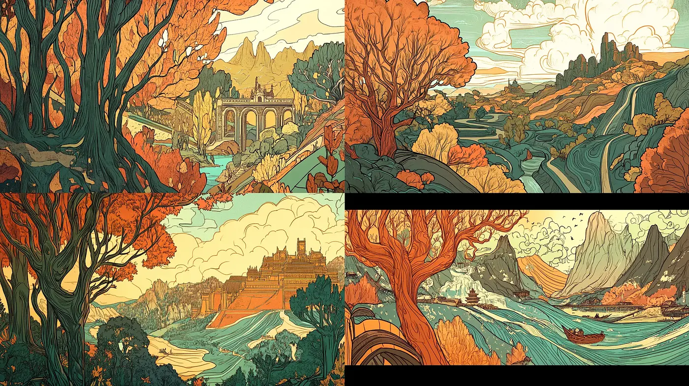 Autumnal Elegance in Stylized Nature: A Warm Tonal Ensemble with Art Nouveau Overtones - Midjourney sref style