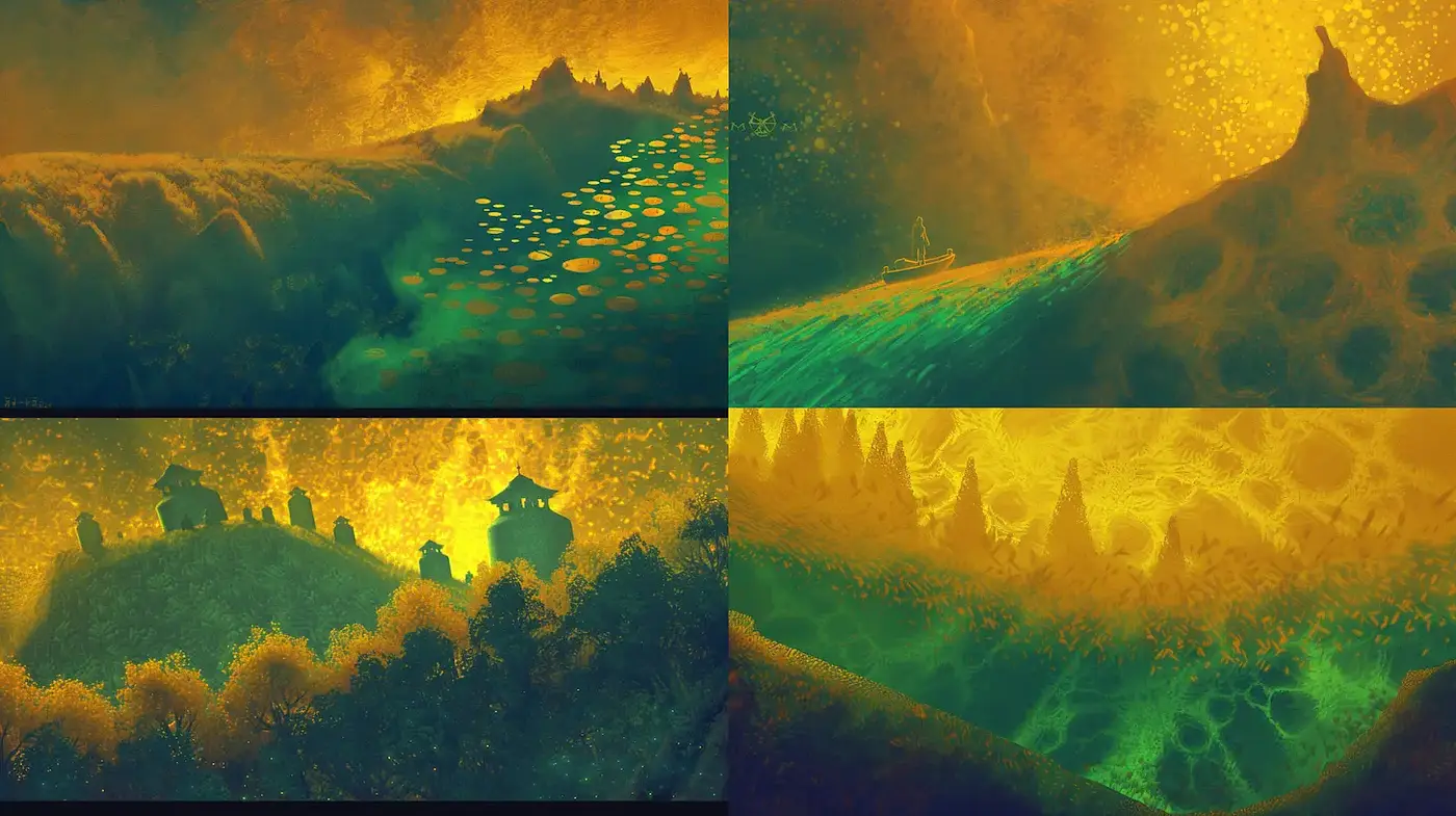 Ethereal Landscapes with Surreal Textures and Color Gradients - Midjourney sref style