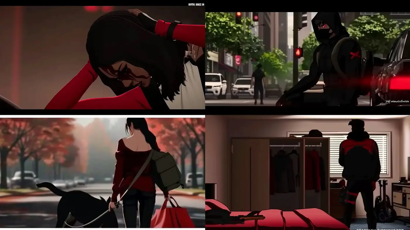 Crimson and Cast Shadows: A Stylized Digital Animation Influence - Midjourney sref style