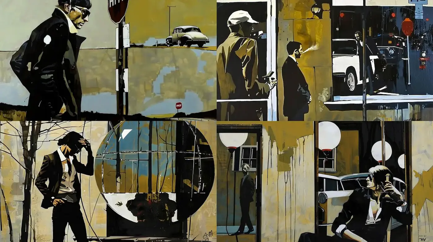 Stylized Urban Noir with a Retro Aesthetic - Midjourney sref style
