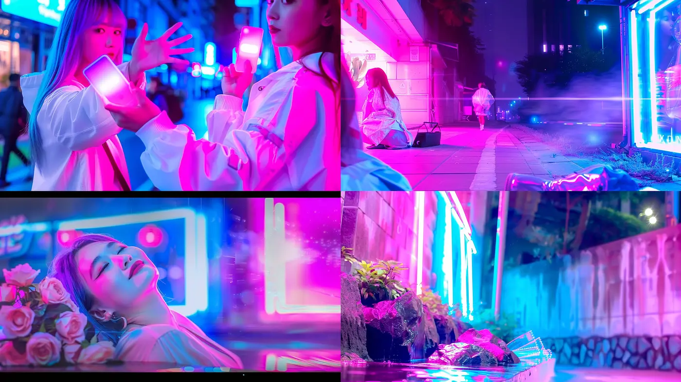 Illuminated Cyber-Nocturne: A Neon-Lit Synthesis of Nighttime Vivacity and Pixelated Dreams - Midjourney sref style