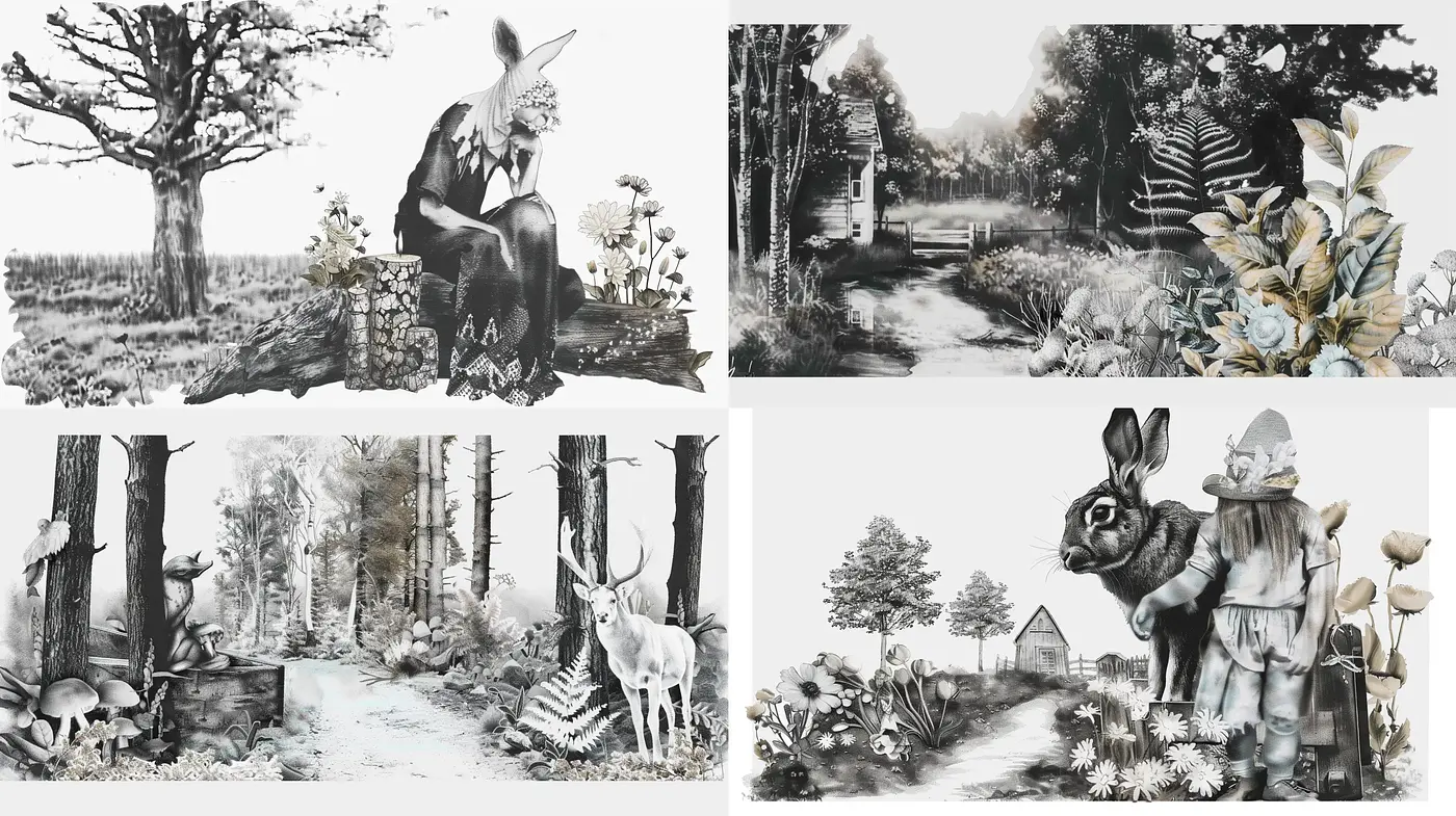 Monochromatic Enchanting Woods: A Fusion of Graphite Sketching and Storybook Aesthetics - Midjourney sref style