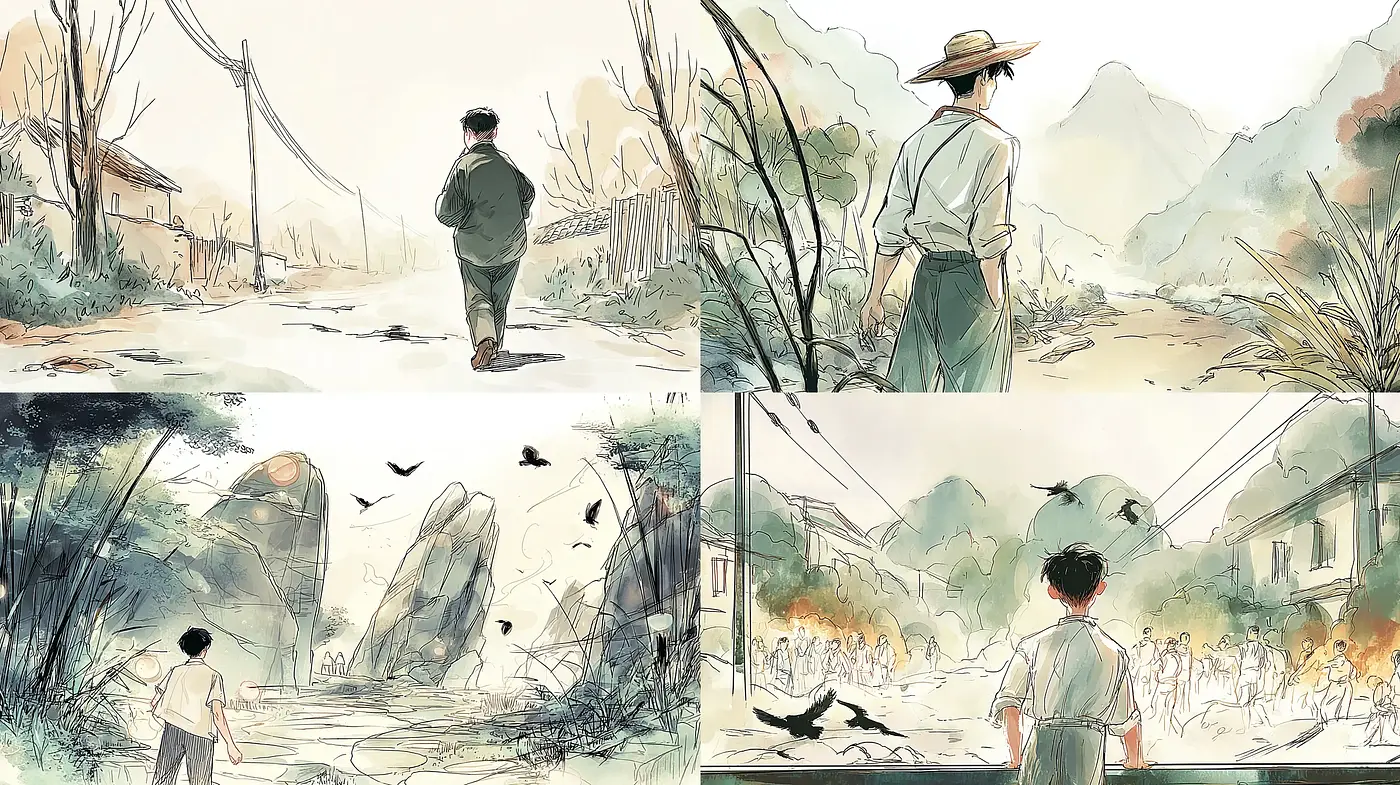 Serene and nostalgic landscape illustrations with soft character details - Midjourney sref style