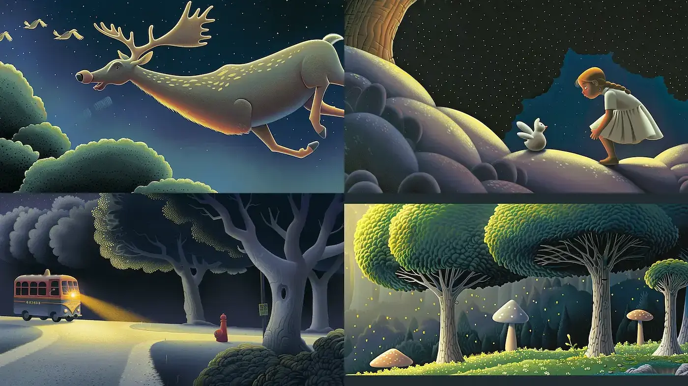 Enigmatic Nightscapes with a Whimsical Twist - Midjourney sref style