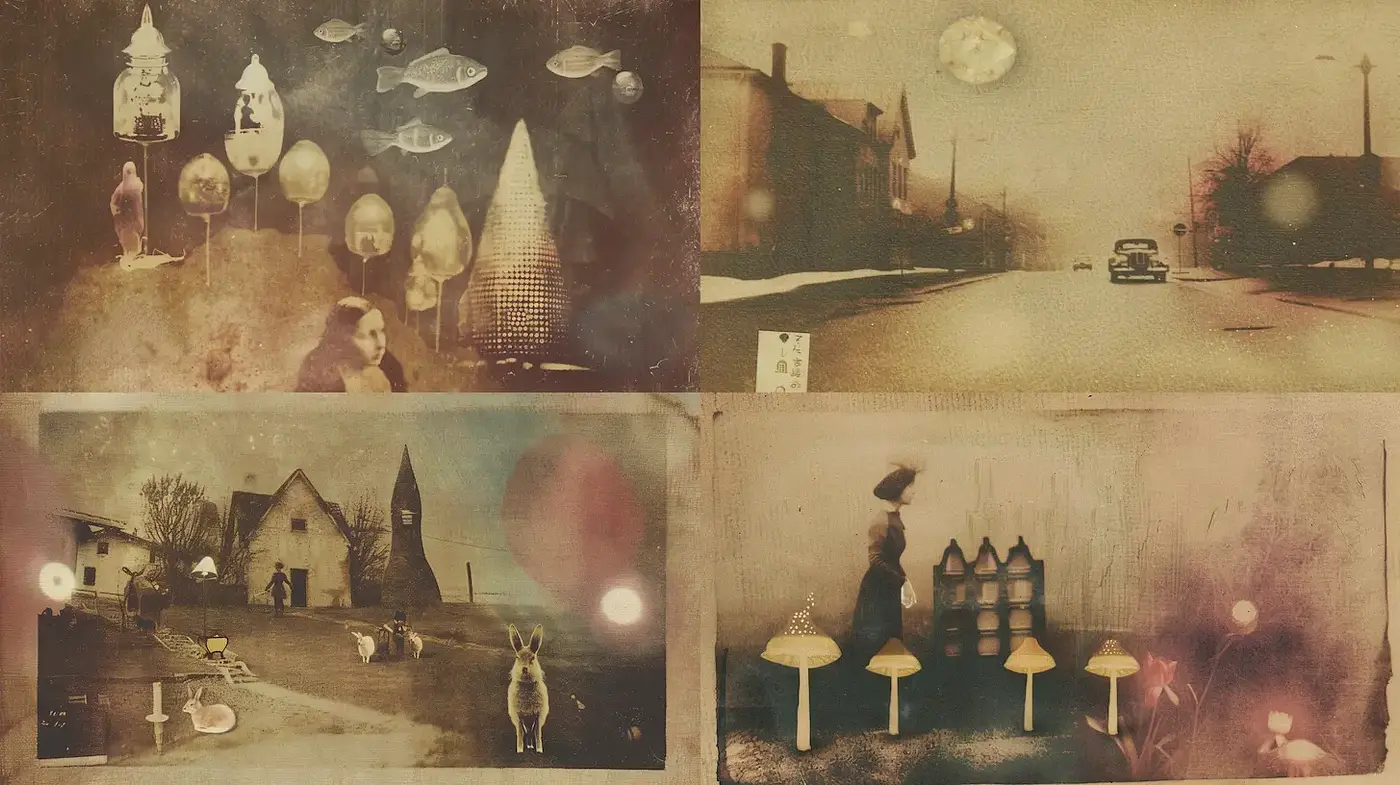Surreal Vintage Dreamscapes with a Nostalgic Touch - Midjourney sref style
