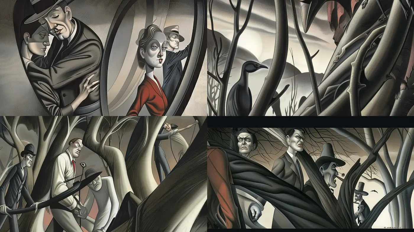 Noir-Inspired Surrealism with a Muted Earthy Palette - Midjourney sref style